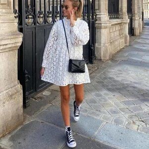 NWT Zara Limited Edition Textured Weave Embroidered Floral Dress White Lace Up